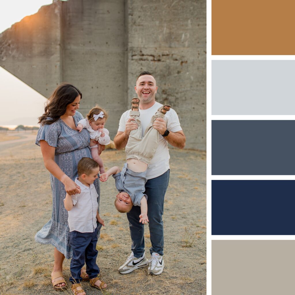 Summer family photo outfit inspiration, family of five dressed in neutrals, dusty blues, and white. 